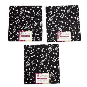 Music Note Print Black & White Fat Quarters 18"x21" 100% Cotton Fabric Set of 3